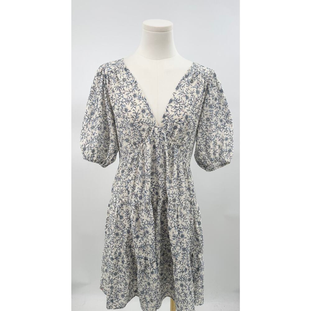 Xirena Nissa White Floral Dress Open Back Puff Sleeve Cotton Ruffle Mini S NWT
